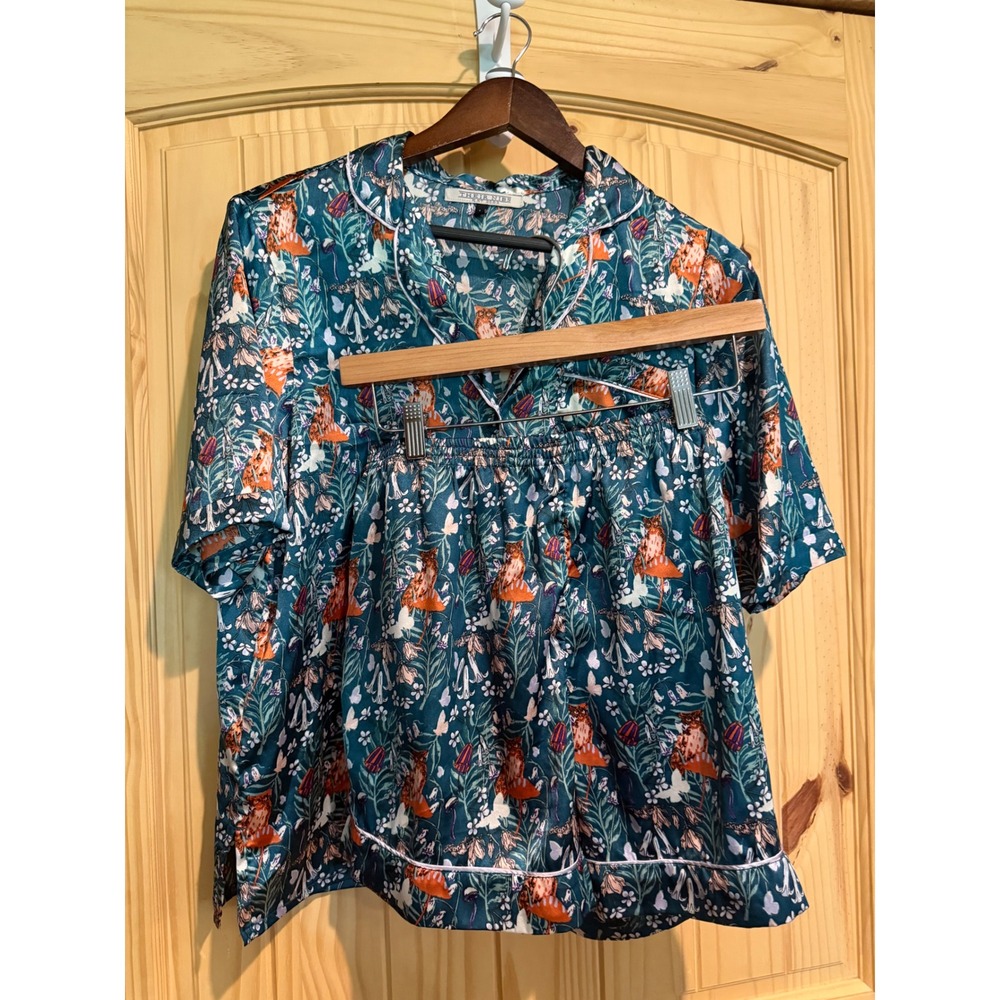 Their Nibs London Pajama Set Womens Medium Teal Owl Toadstool Satin Shirt Shorts